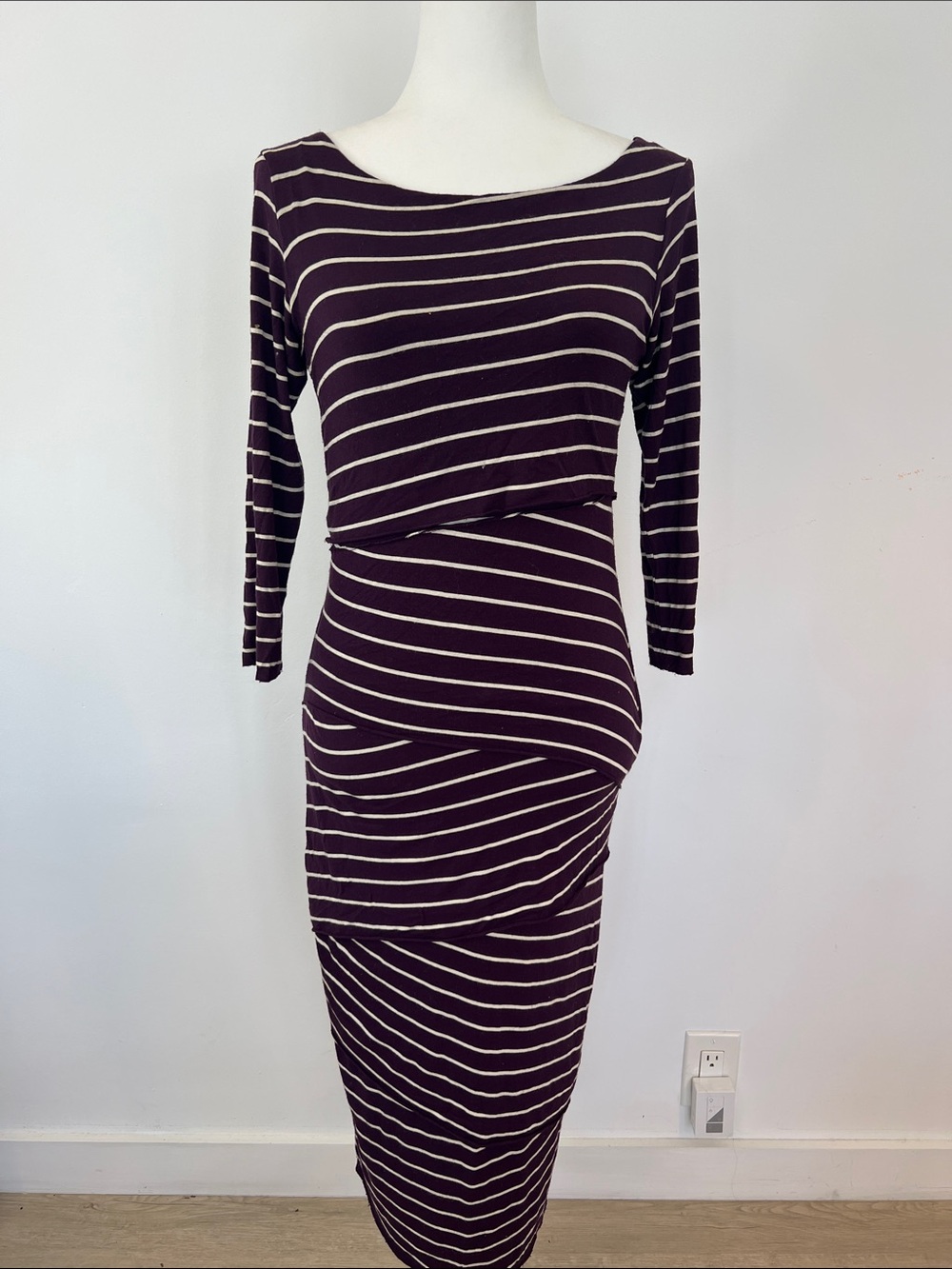 Bailey 44 Striped Boatneck Midi Dress in Plum and Cream